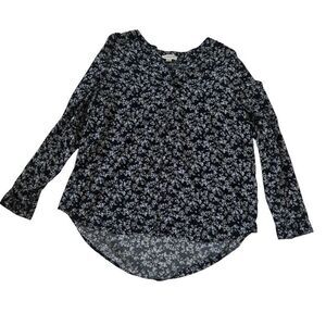 BeachLunchLounge Collection Floral Blouse Navy Blue Long Sleeve Top Size Large